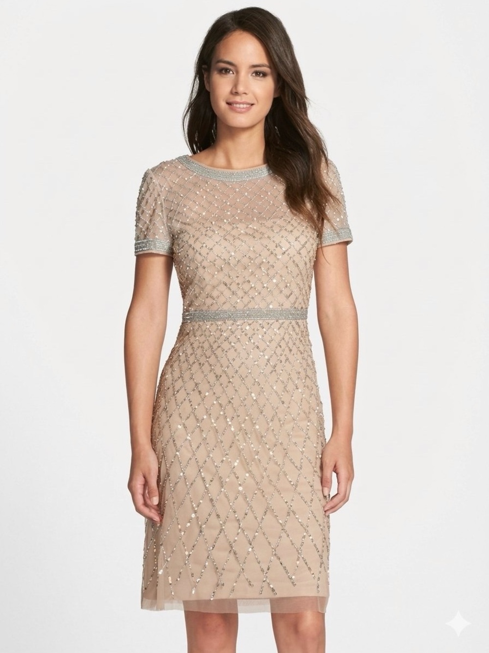 $450 Adrianna Papell Sparkling Sequins Laced Midi Feminine Luxury Dress Size 8